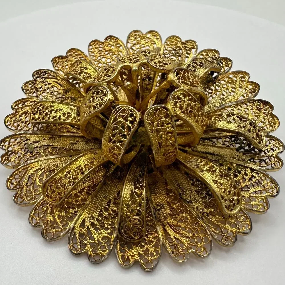 Antique 800 silver gold vermeil filigree large 3D flower brooch signed 16.68g - Picture 3 of 10